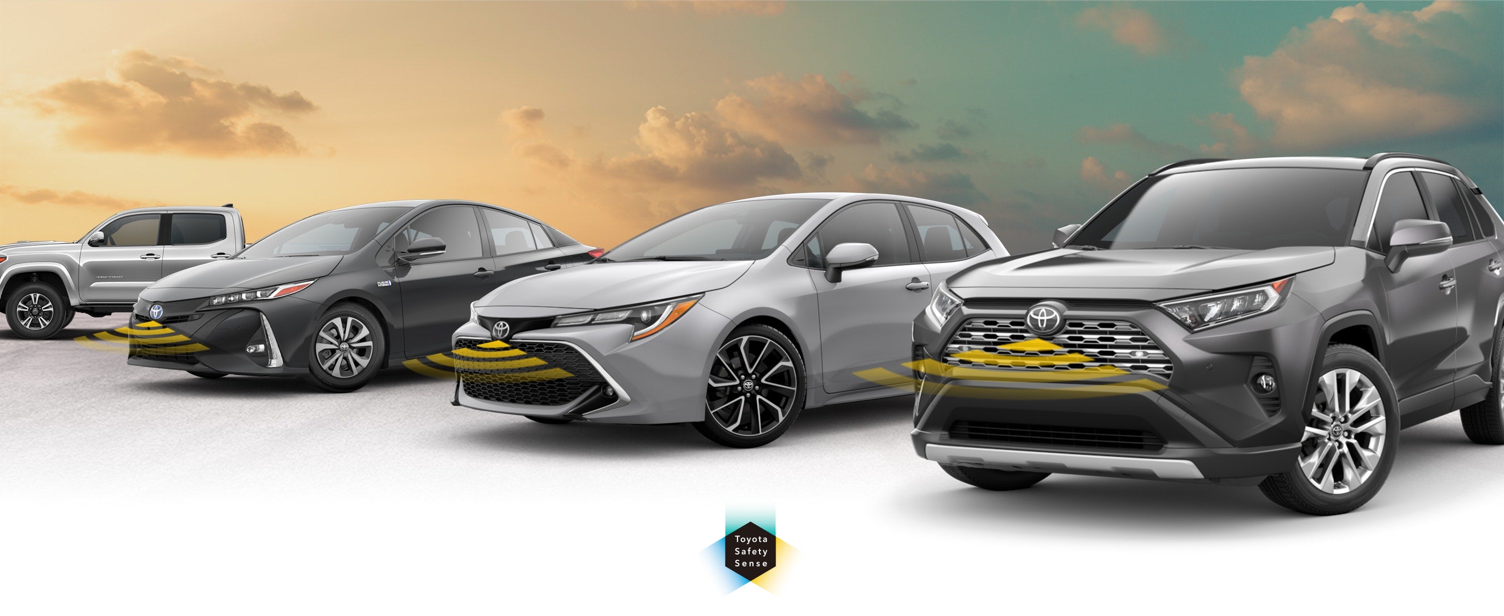 Toyota Safety Sense: Designed for Safety. Options shown on Toyota models including RAV4, Tacoma, and Camry, available now at Woodrum Toyota of Macomb in Macomb IL.